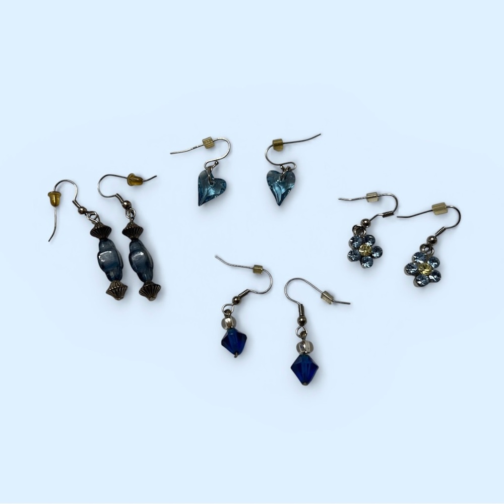Blue & Silver Dangle Earrings 4 Pairs Floral Heart Drop Earrings Costume Jewelry - Picture 2 of 12